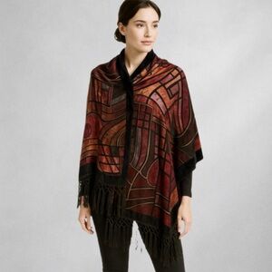 CCC Silk Bottom Rayon Top Fringed Scarf Abstract Geometrical Shimmer